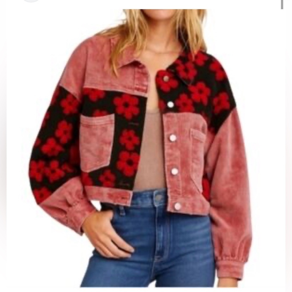 En Crème Floral Corduroy Jacket in Red and Black
